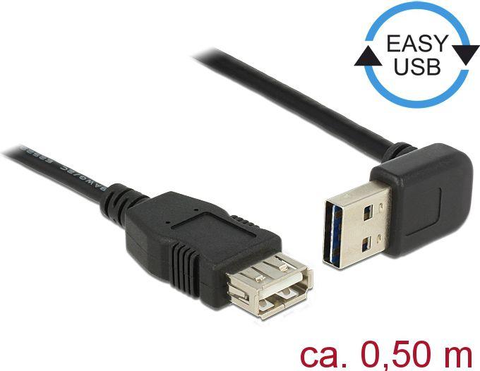 DELOCK ilgintuvas EASY-USB 2.0 tipo A kištukinis kištukas, nukreiptas aukštyn / žemyn > USB 2.0 Type-A moteriškas juodas 0,5 m