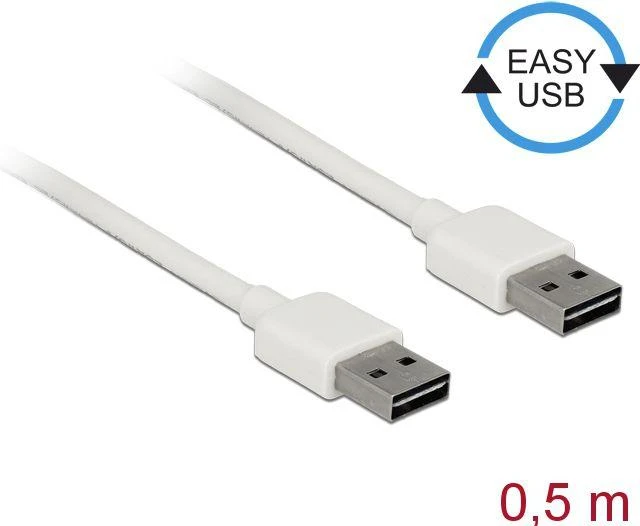 DELOCK kabelis EASY-USB 2.0 A tipo kištukas > EASY-USB 2.0 Type-A vyriškas 0,5 m baltas