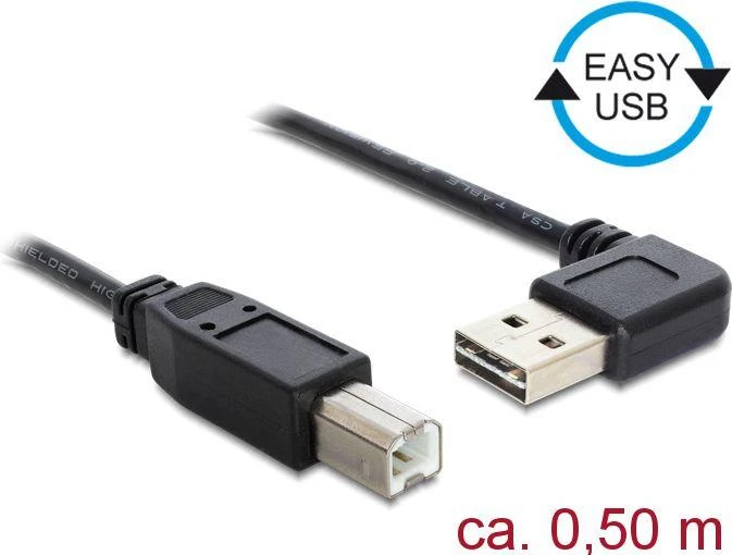 DELOCK kabelis EASY-USB 2.0 tipo A kištukinis kampu į kairę / dešinę > USB 2.0 Type-B vyriškas 0,5 m