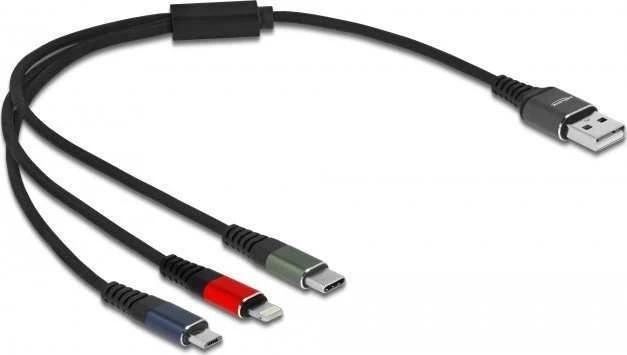 „Delock“ USB įkrovimo laidas „3 viename“, skirtas „Lightning“ / „MicroUSB“ / „Type-C“, 30 cm, 3 spalvų