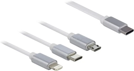 „DeLOCK USB Type-C™ 3 viename ištraukiamas įkrovimo laidas, skirtas „Lightning™“ / „Micro USB“ / USB Type-C™, baltas, 0,98 m, USB C, USB C/Micro-USB B/Lightning, USB 2.0, sidabrinis, baltas