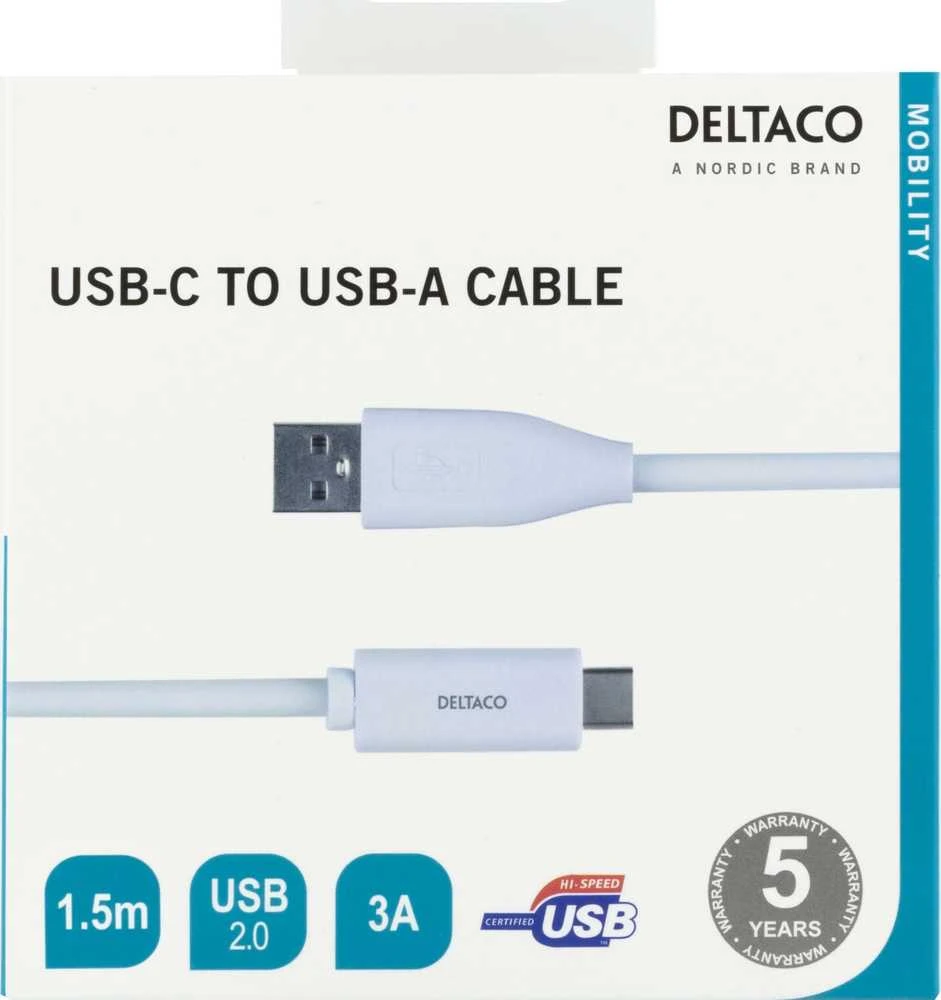 Kabelis DELTACO USB 2.0, C tipas - A tipo vyras, 1,5 m, baltas / USBC-1010M