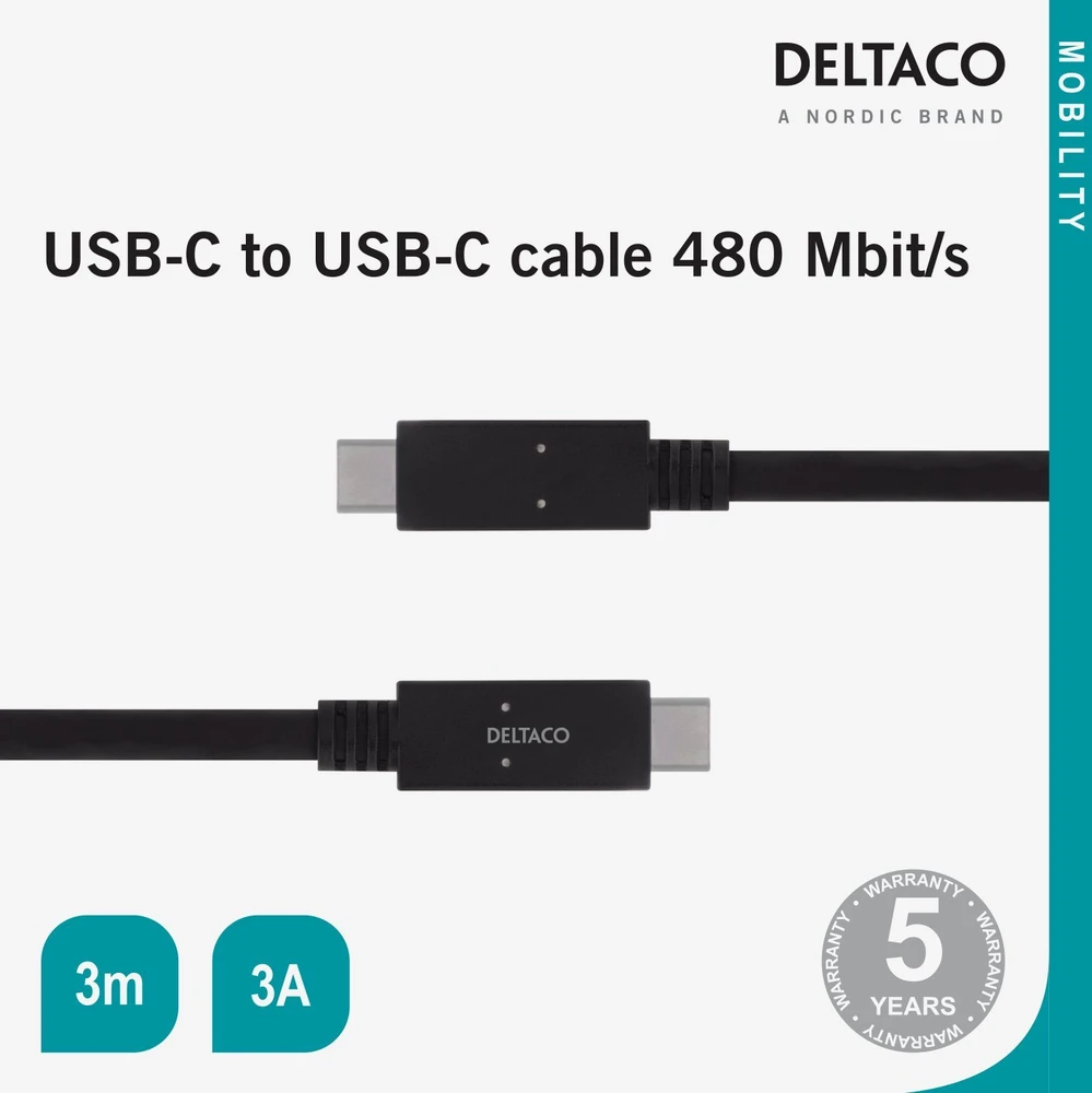 DELTACO USBc 2.0 kabelis, C - C tipas, 3m, juodas USBC-2003M
