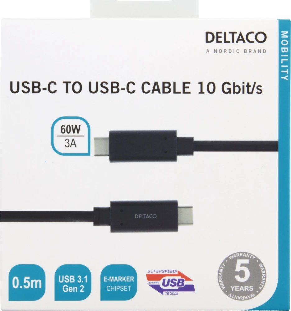 USB-C į USB-C laidas 10 Gbit/s 0.5m, 60W, 3A DELTACO juodas / USBC-1121M