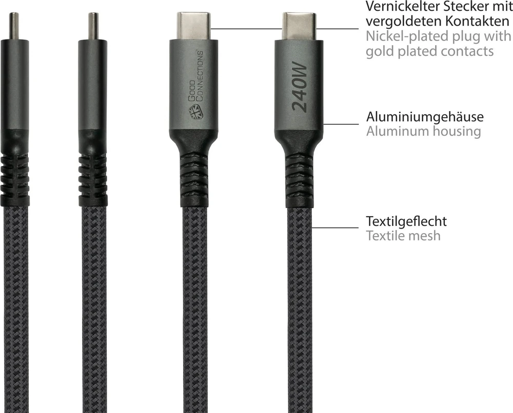 Nezatříděno „Good Connections“ – geras jungtis, USB 2.0 įkrovos ir duomenų kabelis (240 W), USB-C jungtis / USB-C jungtis, 2 m