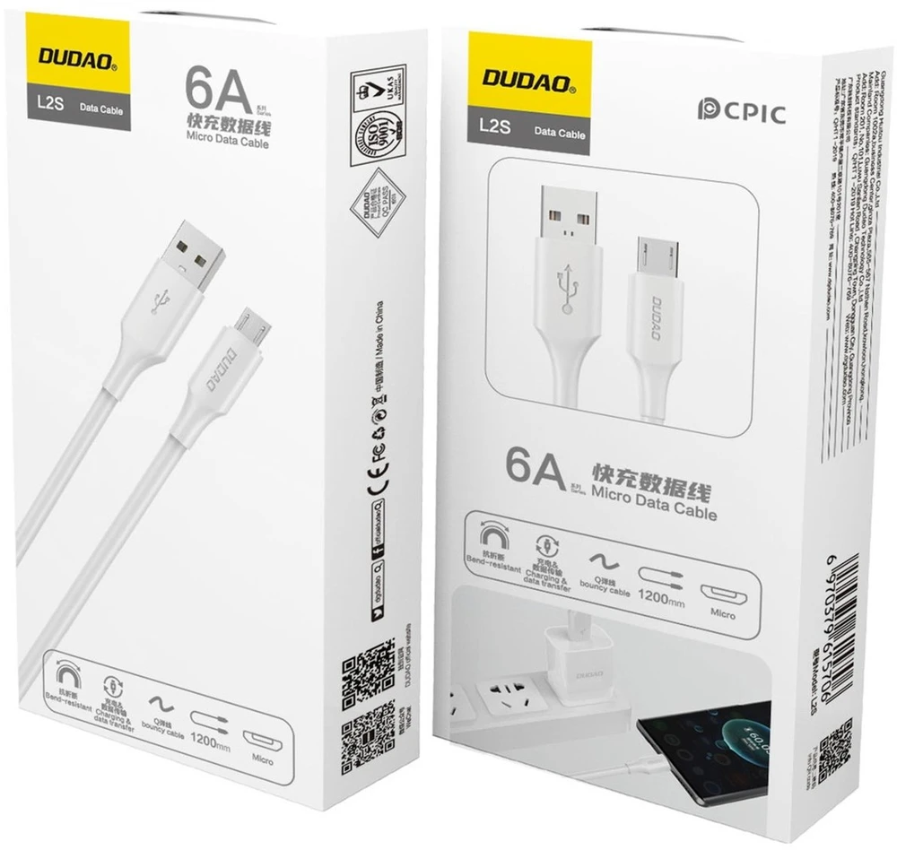 Dudao L2SM USB-A / micro USB 6A cable 1.2 m - baltas