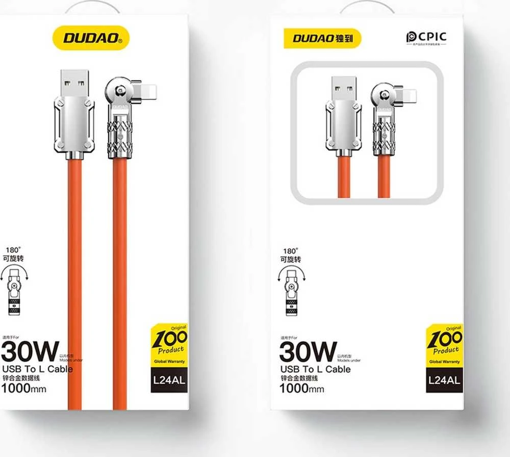 Dudao L24AL USB-A – Lightning kampinis kabelis su 180° rotation 30W 1m – oranžinės spalvos