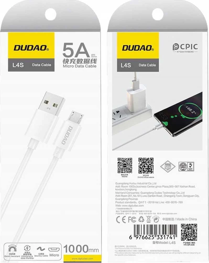 USB kabelis Dudao (L4SM) microUSB (2A) baltas (1m)