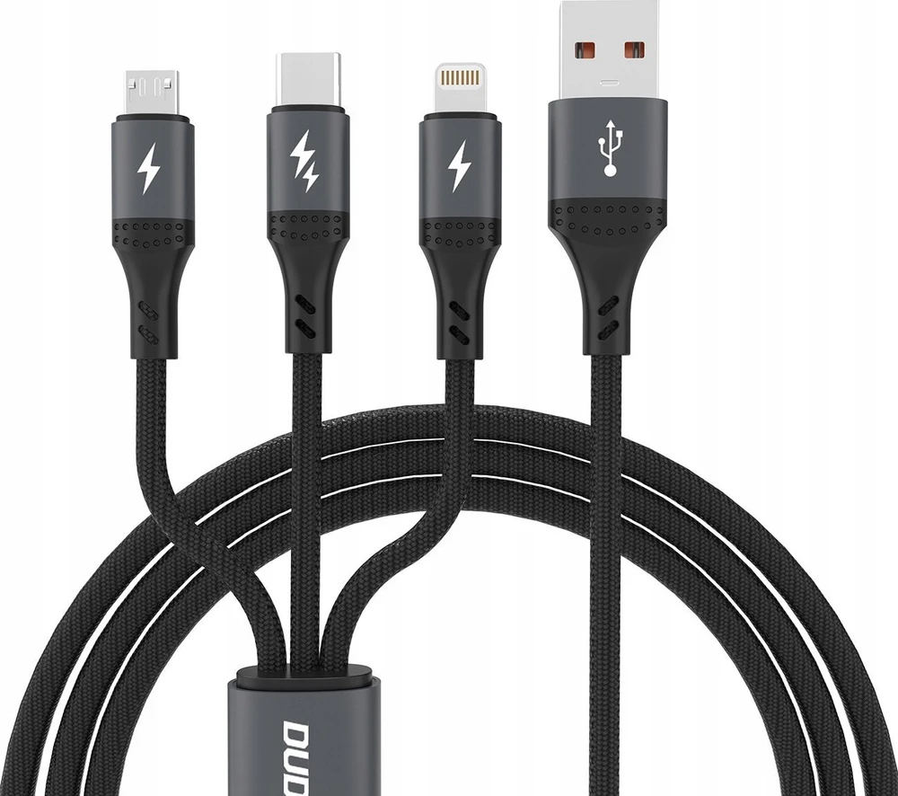 Dudao L3E 3 in 1 60W MicroUSB USB-C Lightning kabelis 1.2m – juodos spalvos