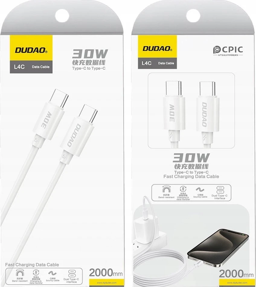 Dudao L4C USB-C / USB-C 30W 2m kabelis – baltos spalvos