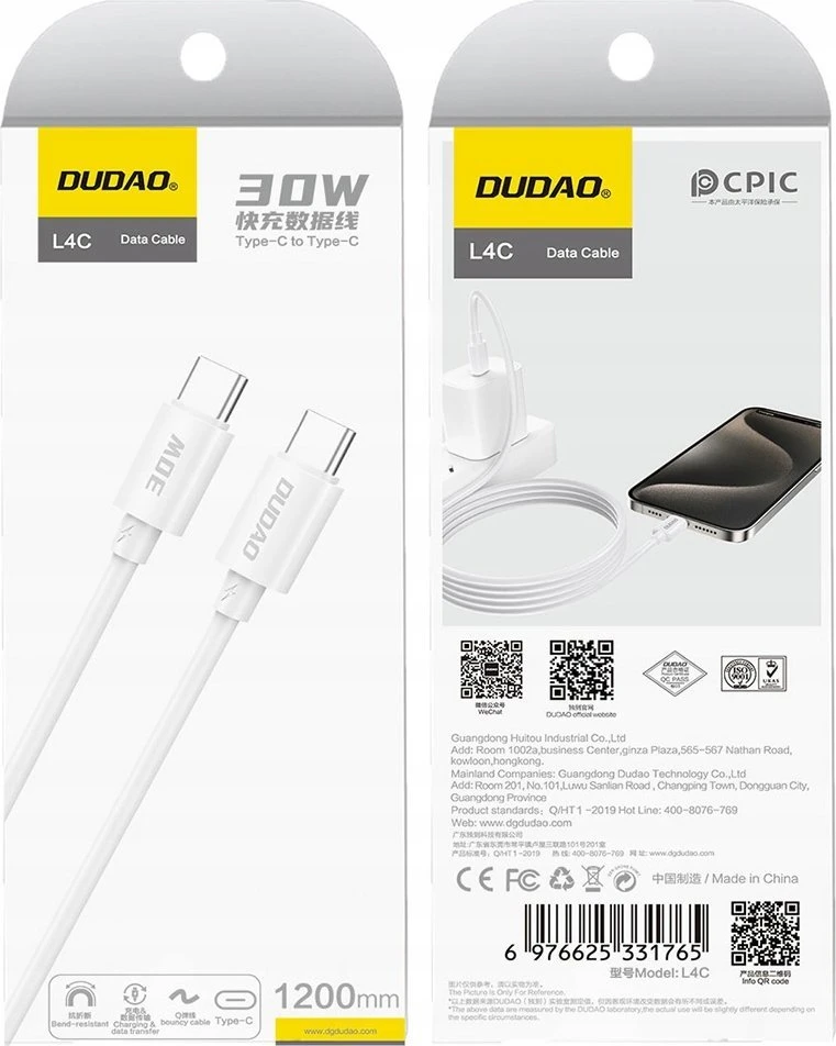 Dudao L4C USB-C / USB-C 30W 2m kabelis – baltos spalvos