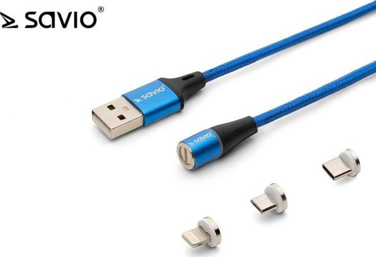 Magnetinis USB kabelis – USB Type C, Micro and Lightning 1m, SAVIO CL-154 Mėlyna