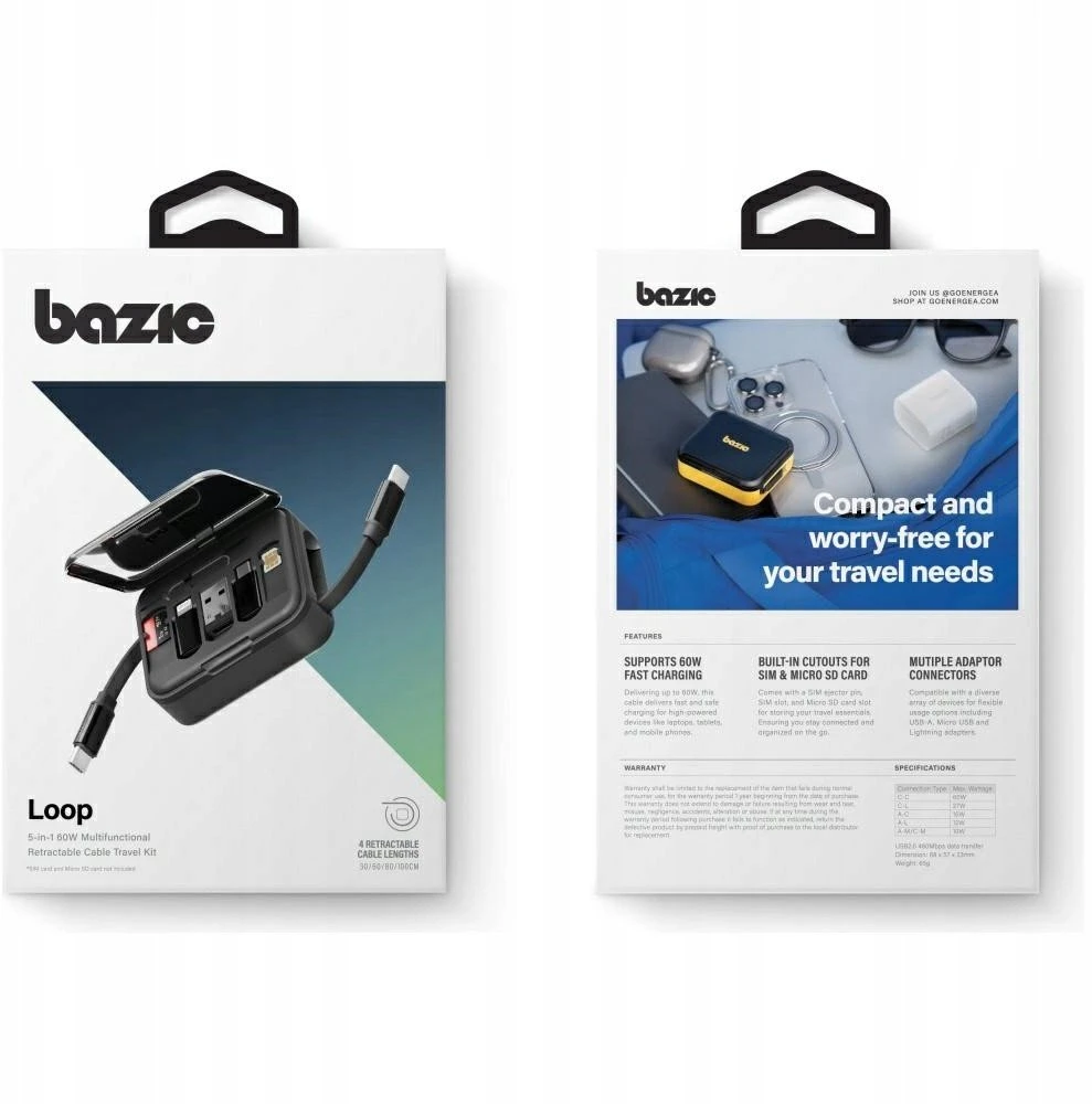 Energea Kabelis Bazic GoCharge Loop 5in1 Lightning, USB-A, Micro USB 1m juodos spalvos