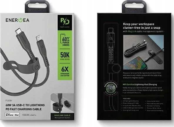 ENERGEA Flow USB-C į Lightning C94 MFI Kabelis 1.5m juodos spalvos 60W 3A PD Fast Charge