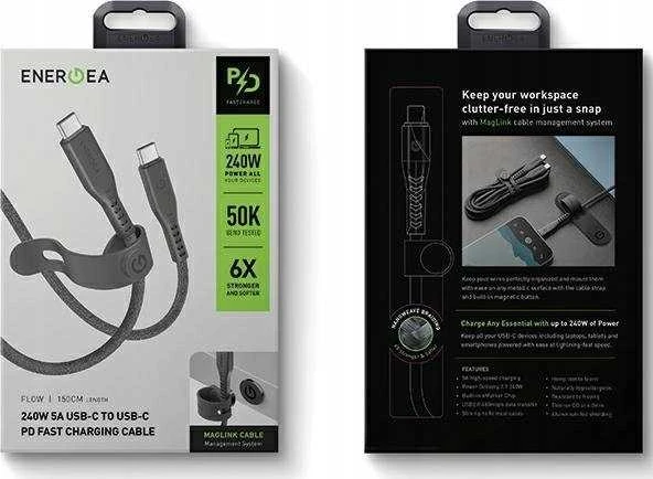 ENERGEA Flow USB-C į USB-C Kabelis 1.5m juodos spalvos 240W 5A PD Fast Charge