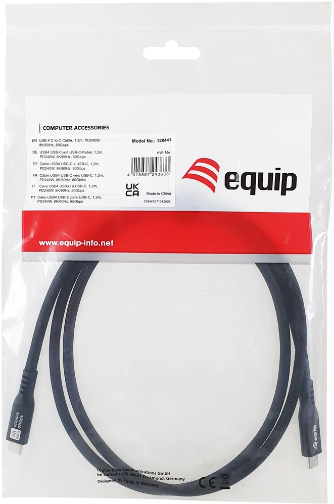 Kabelis USB Equip USB4 Gen 4x2 USB-C 80 Gbit/s 240 W 1.2 m Juodas (128441)