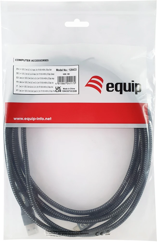 Kabelis USB Equip USB-A + USB-C - USB-C 3 m Juodas (128433)
