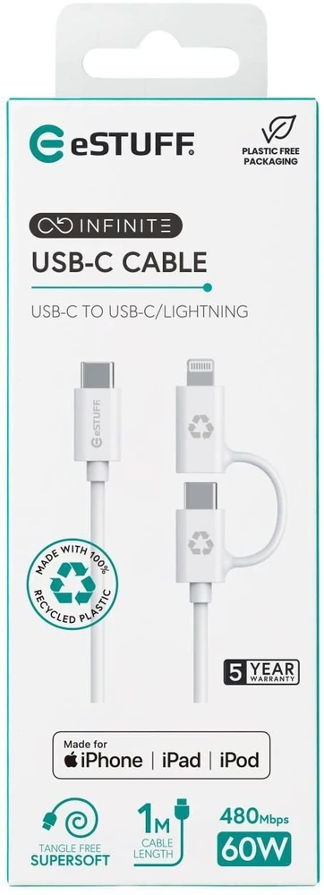 Kabelis USB eStuff ES600170 1 m USB C do USB C/Lightning Baltas