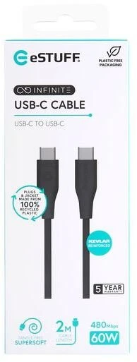 eSTUFF INFINITE (GRS) USB-C į USB-C laidas, 2 m, juodas. Be PVC.