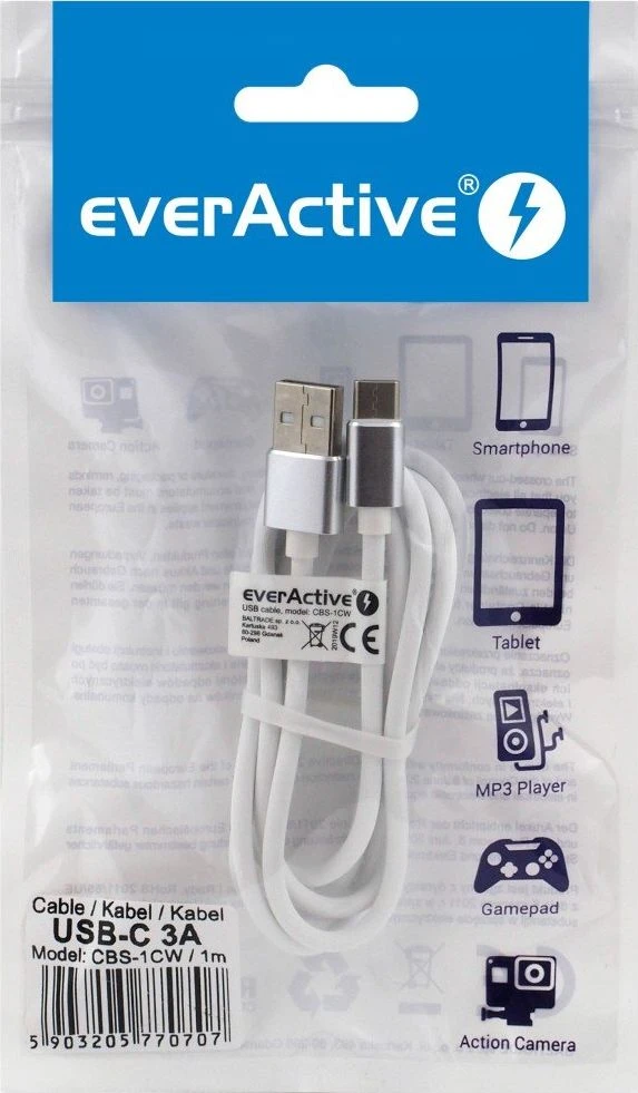 everActive kabelis USB-C 1m - Baltas, silikonas, greitas įkrovimas, 3A - CBS-1CW
