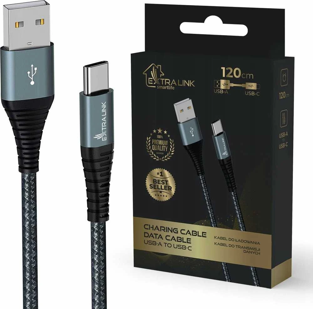 Extralink Smart Life 15W, USB-A - USB-C, 120cm, nailoninis oplotas, 5V 2.4A/3A, juoda