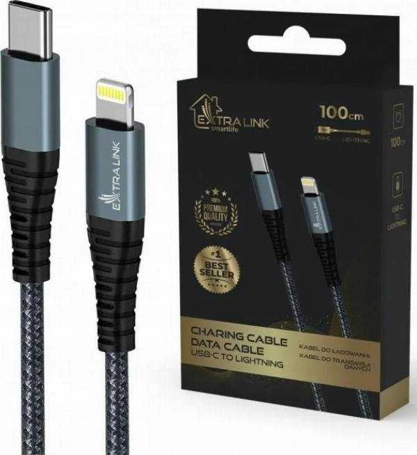 Extralink Smart Life 60W, USB-C - USB-C 120cm, PVC, 5V 2.4A/3A, pilka