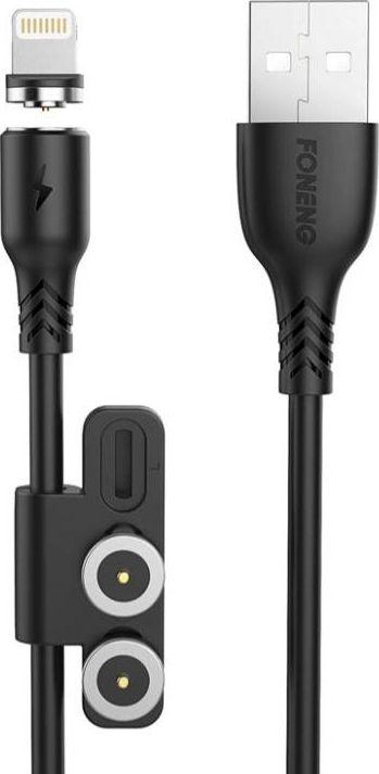Foneng X62 Magnetic 3in1 USB į USB-C / Lightning / Micro USB kabelis, 2.4A, 1m (juodas)