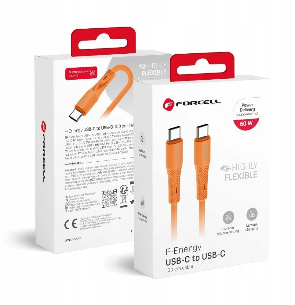 USB C laidas į USB C jungtį Forcell F-Energy QC4.0 PD 3A 60W Silicone 1 m C344 oranžinis