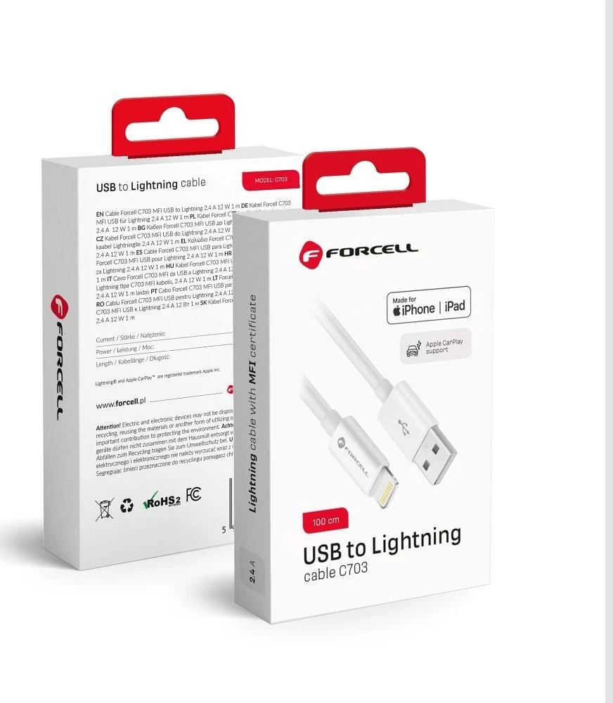 USB A tipo laidas su „Lightning“ jungtimi Forcell F-Energy MFi 2,4A 12W 1 m C703 baltas