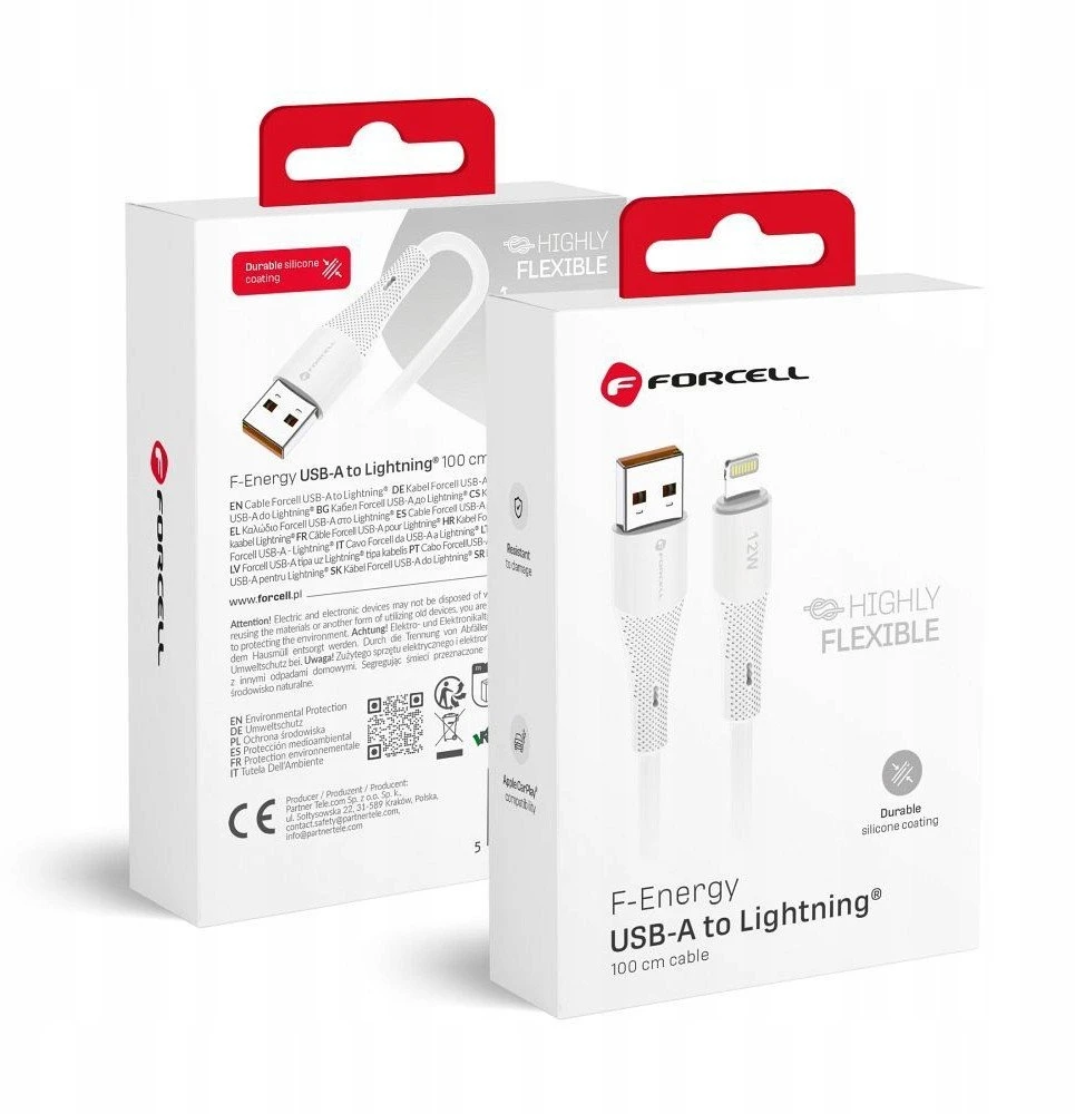 USB A tipo laidas su „Lightning“ jungtimi Forcell F-Energy 2,4A 12W silikoninis, 1 m, C343 baltas