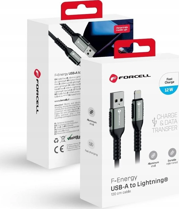 USB A tipo į „Lightning“ tipo laidas Forcell F-Energy 2,4A 12W Cafule 1,2 m C257 juodas