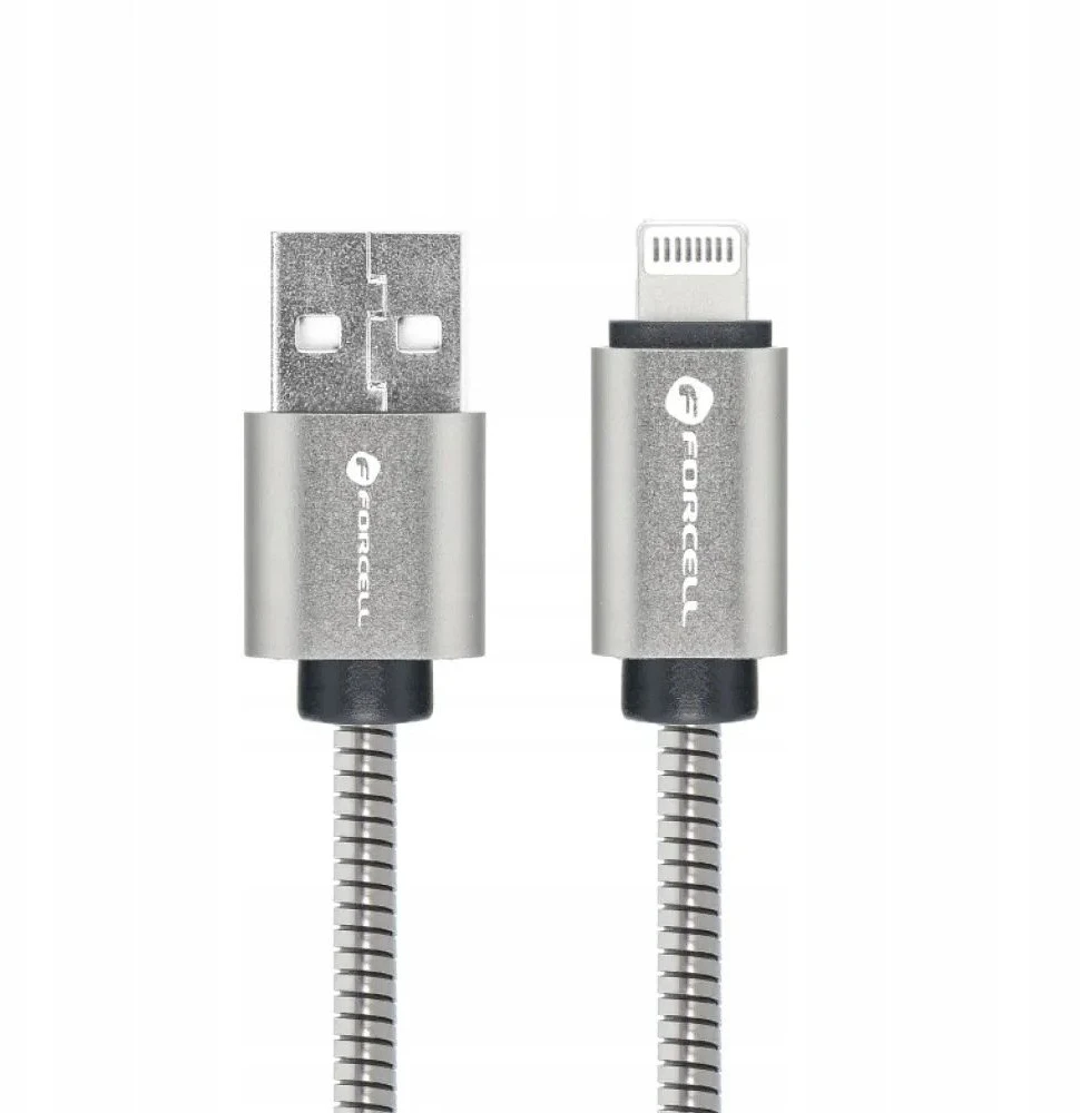 USB A tipo laidas su „Lightning“ jungtimi Forcell F-Energy 2,4A 12W, metalinis, 2 m, C236, sidabrinis