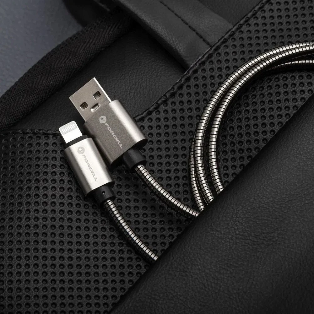 USB A tipo laidas su „Lightning“ jungtimi Forcell F-Energy 2,4A 12W, metalinis, 2 m, C236, sidabrinis