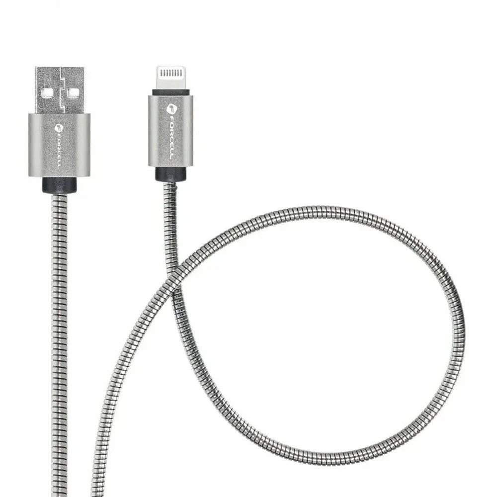 USB A tipo laidas su „Lightning“ jungtimi Forcell F-Energy 2,4A 12W, metalinis, 2 m, C236, sidabrinis