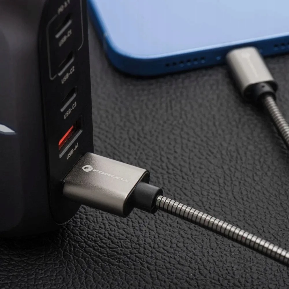 USB A tipo laidas su „Lightning“ jungtimi Forcell F-Energy 2,4A 12W, metalinis, 2 m, C236, sidabrinis