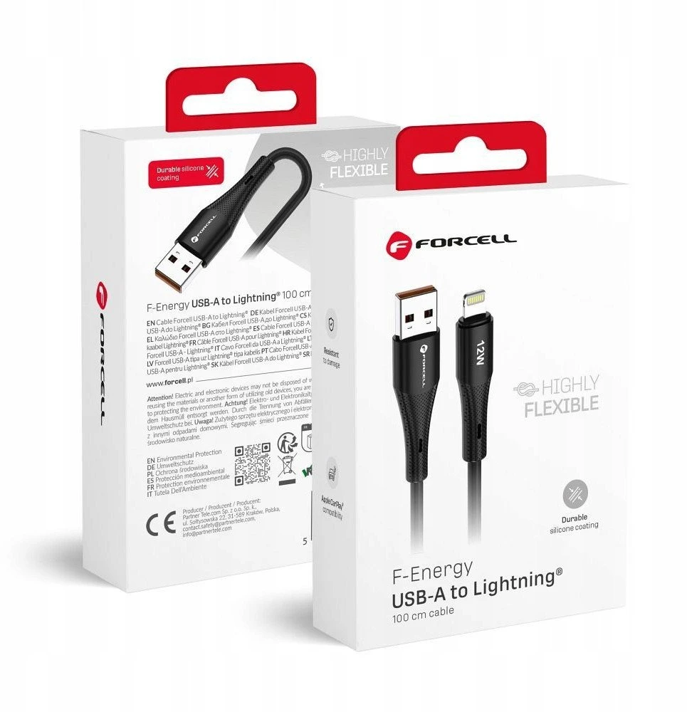 USB A tipo laidas su „Lightning“ jungtimi Forcell F-Energy 2,4A 12W silikoninis, 1 m, C343, juodas