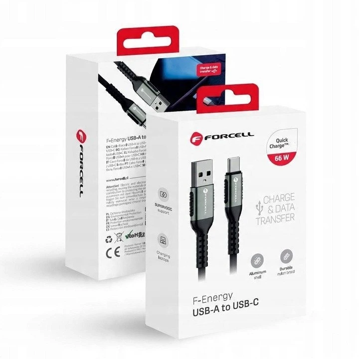 USB A į USB C laidas Forcell F-Energy QC4.0 3A 66W Cafule 0,25 m C256 juodas