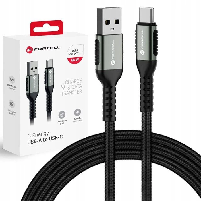 USB A į USB C laidas Forcell F-Energy QC4.0 3A 66W Cafule 0,25 m C256 juodas