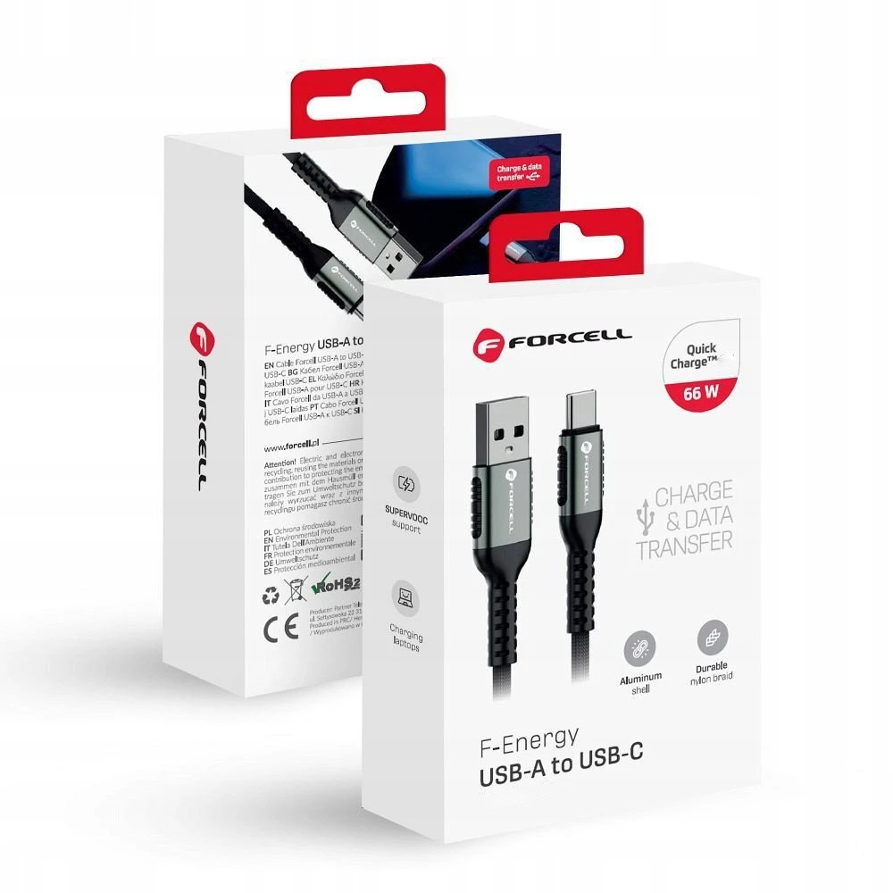 USB A į USB C laidas Forcell F-Energy QC4.0 3A 66W Cafule 0,5 m C256 juodas