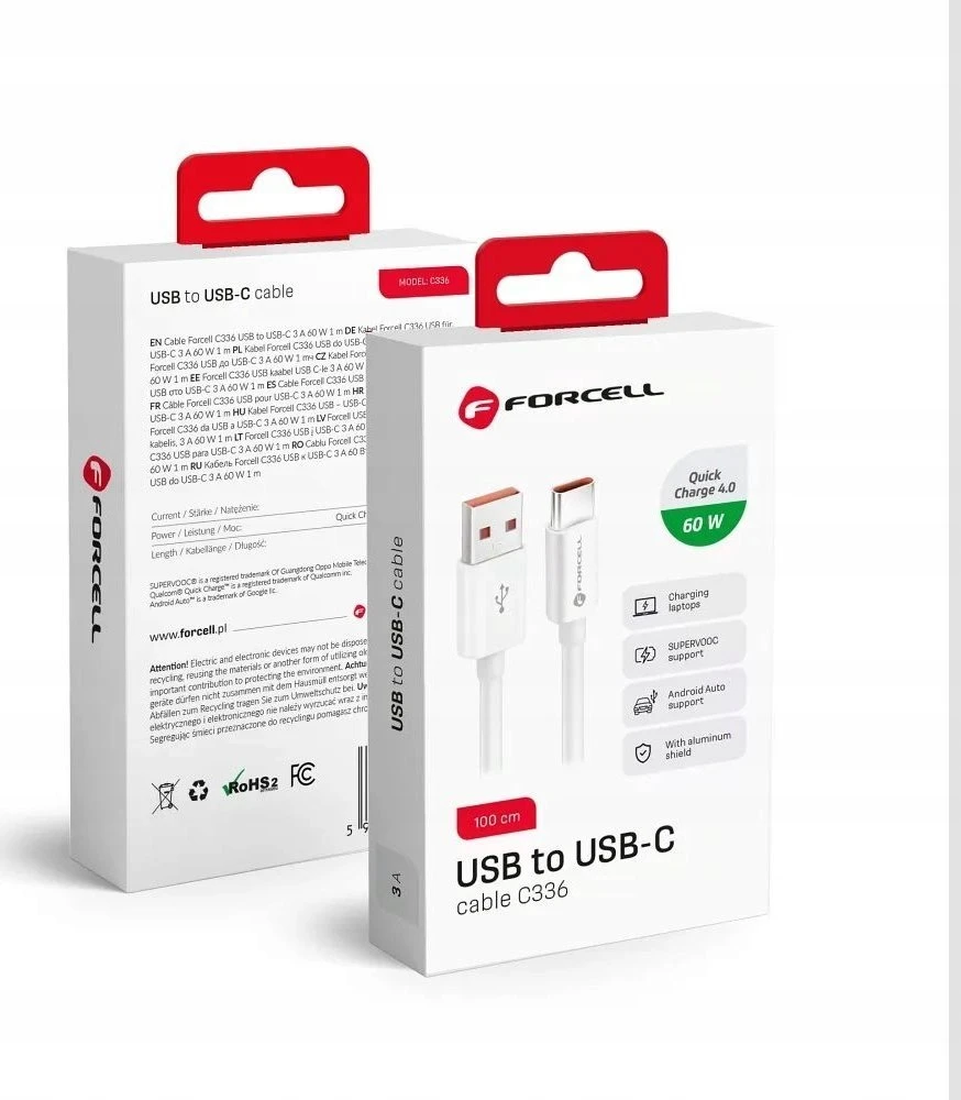 PTC Forcell kabelis USB A kištukas su C tipo kištuku, 60 W Baltas, 1,0 m, C336