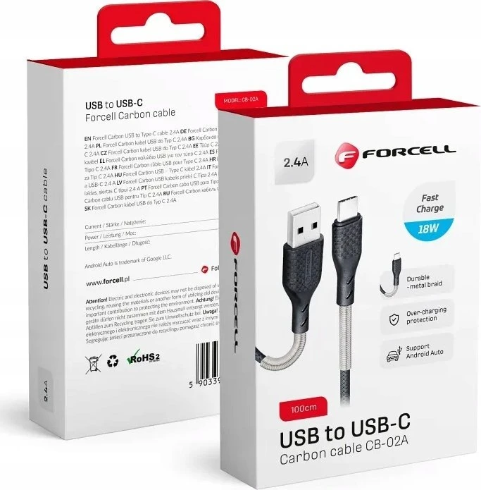 USB A į USB C laidas Forcell F-Energy QC4.0 5A 60W Carbon 1 m CB-02A juodas