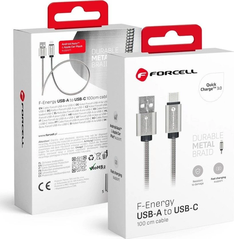USB A į USB C laidas Forcell F-Energy QC3.0 66W metalinis 1 m C234 sidabrinis