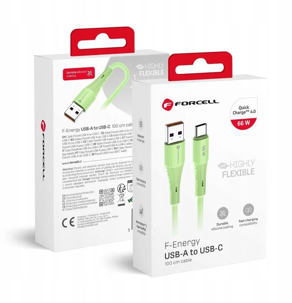 USB A į USB C laidas Forcell F-Energy QC4.0 3A 66W silikoninis 1 m C342 žalias