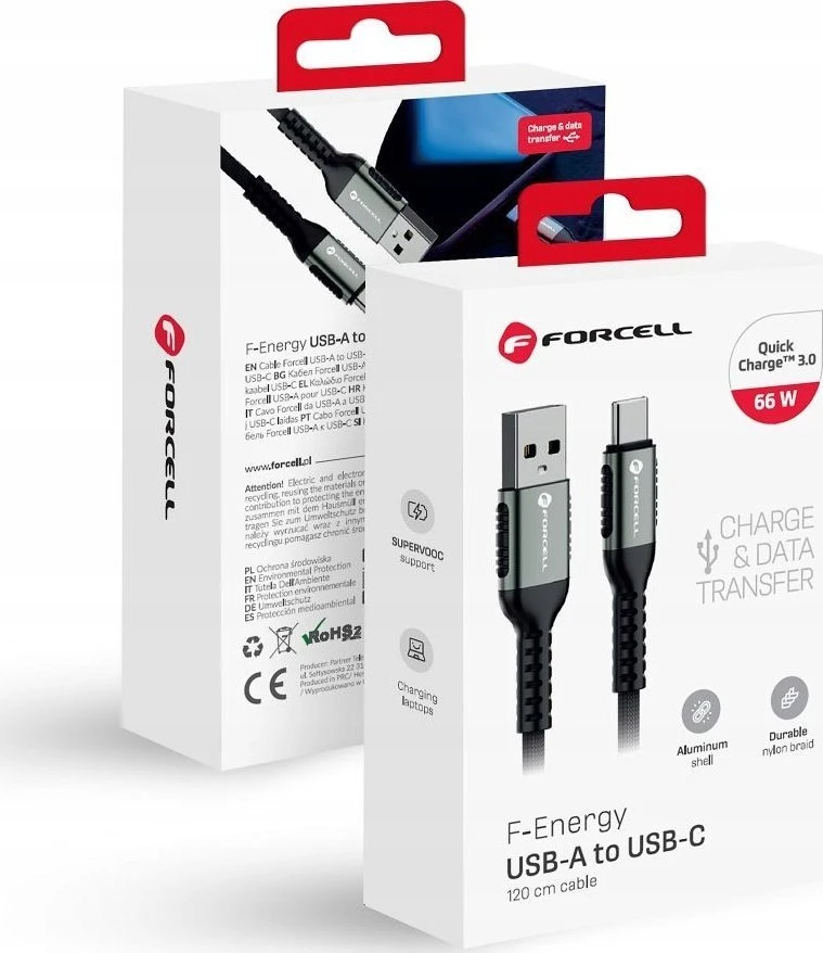 USB A į USB C laidas Forcell F-Energy QC4.0 3A 66W Cafule 1,2 m C256 juodas