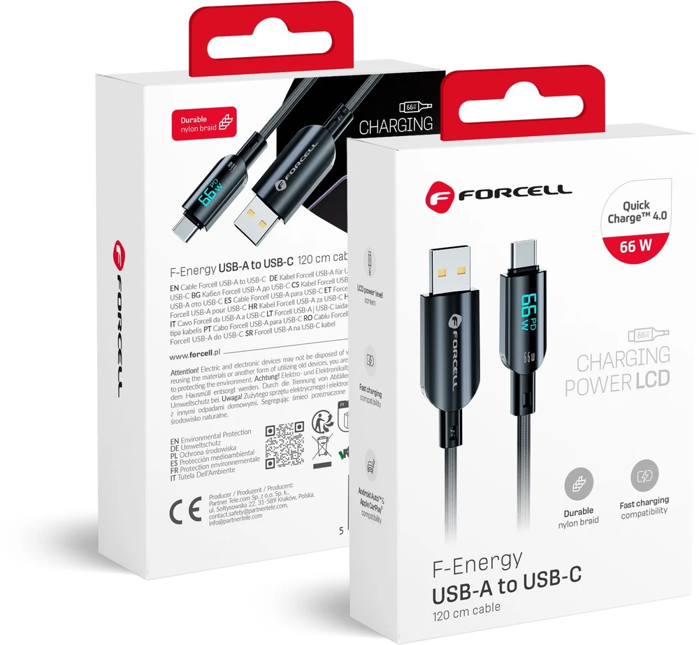 USB A į USB C laidas Forcell F-Energy QC4.0 PD 3A 66W Skaitmeninis 1,2 m C272 juodas