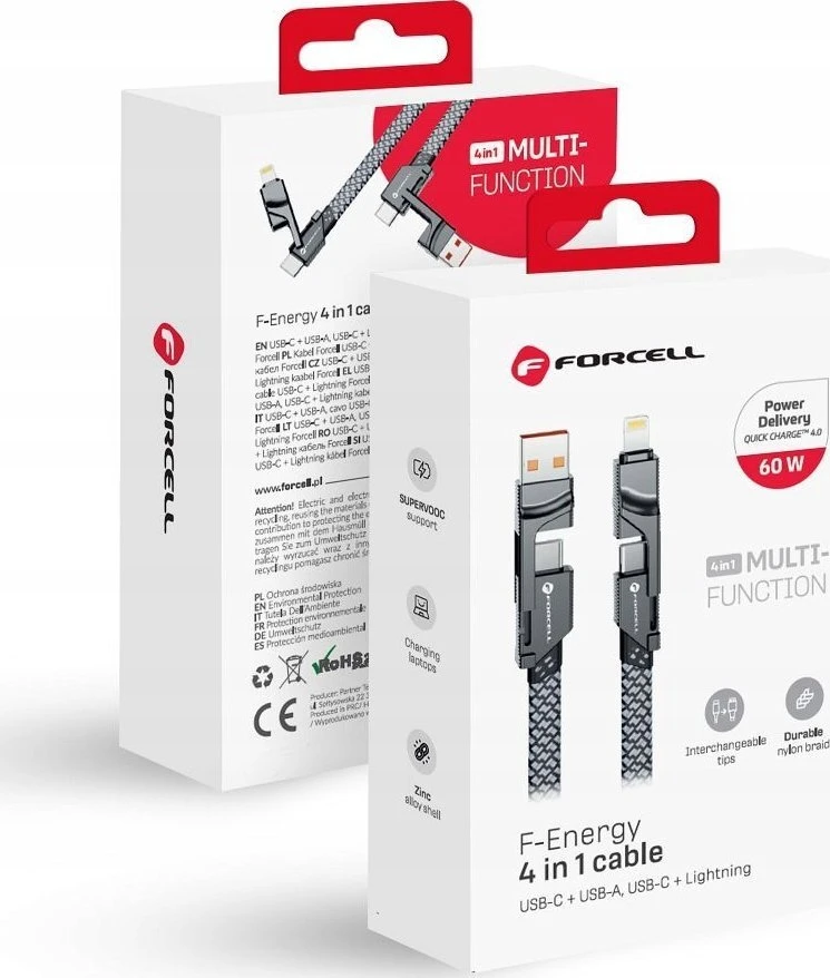 Laidas 4in1 USB C / USB A į USB C / Lightning Forcell F-Energy QC PD 3A 60W 1 m C241 chromuotas