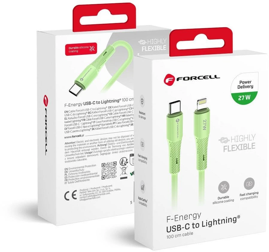 USB C į Lightning kabelis Forcell F-Energy PD 3A 27W Silicone 1 m C346 žalias