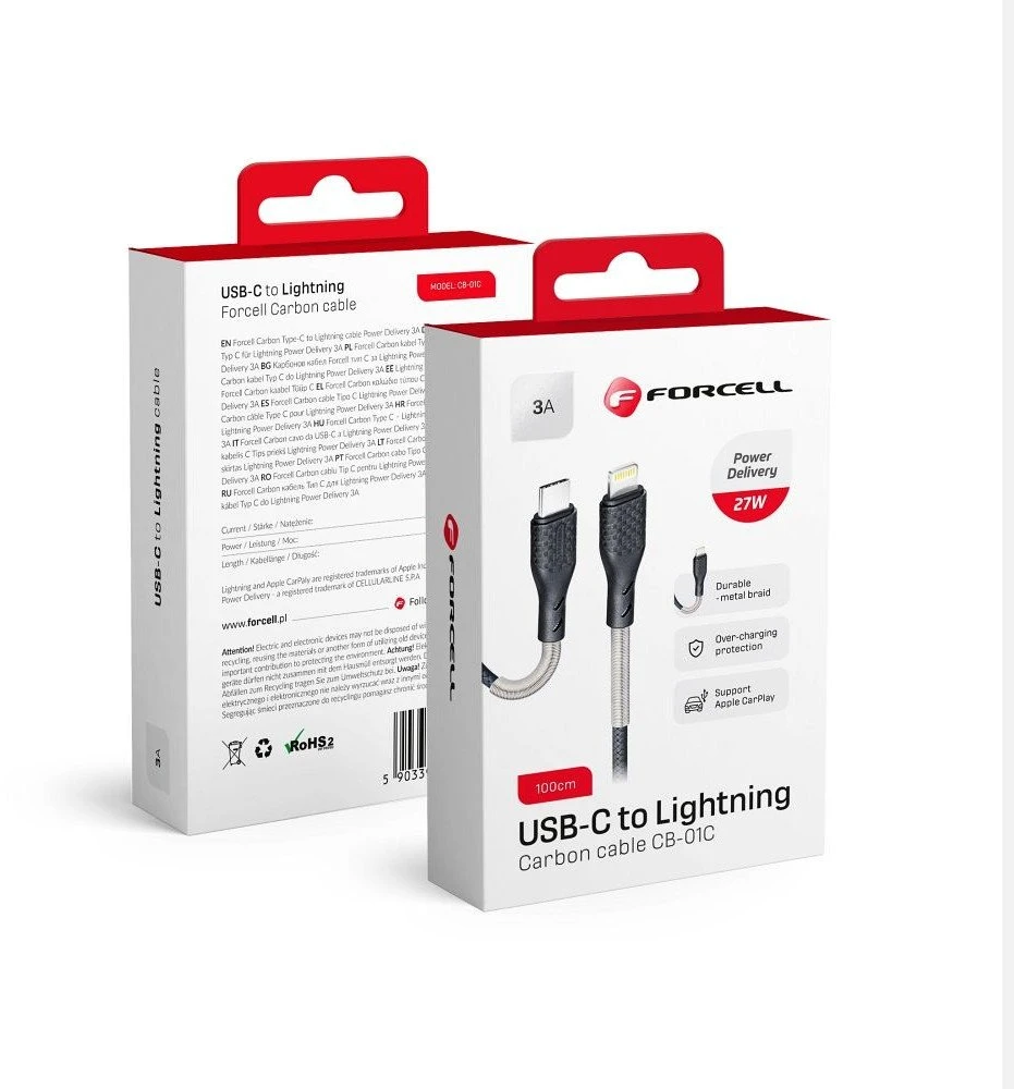 USB C - Lightning laidas Forcell F-Energy PD 3A 27W Carbon 1 m CB-01C juodas