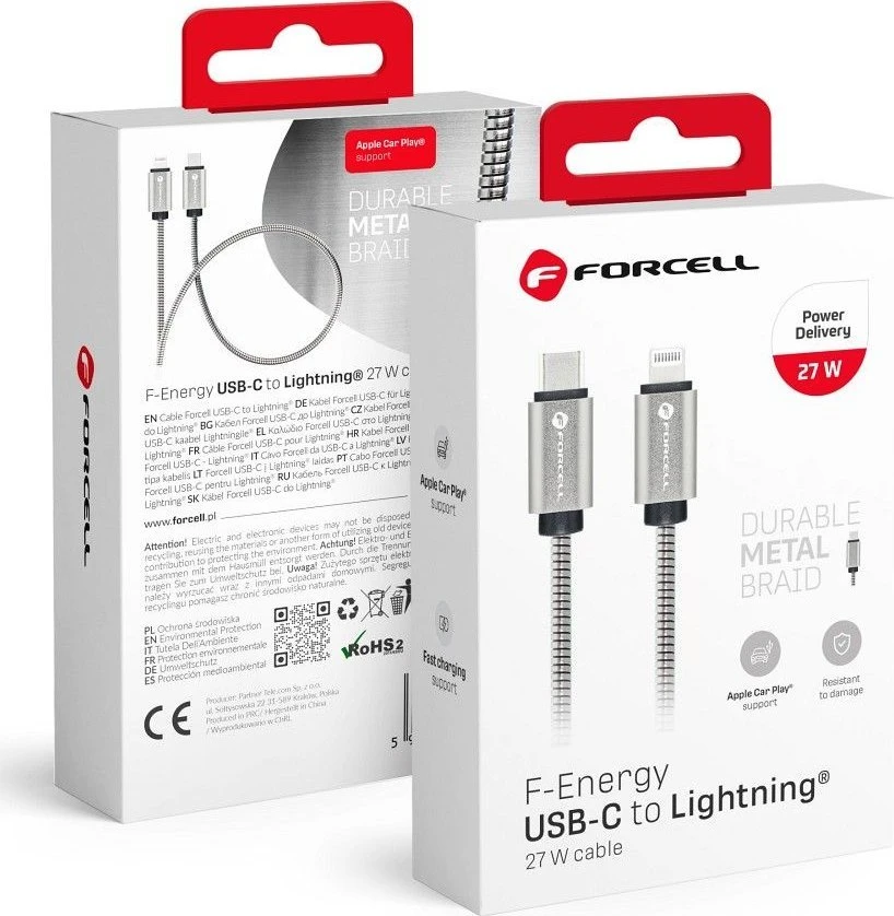 USB C - Lightning laidas Forcell F-Energy PD 3A 27W metalinis 1 m C238 sidabrinis