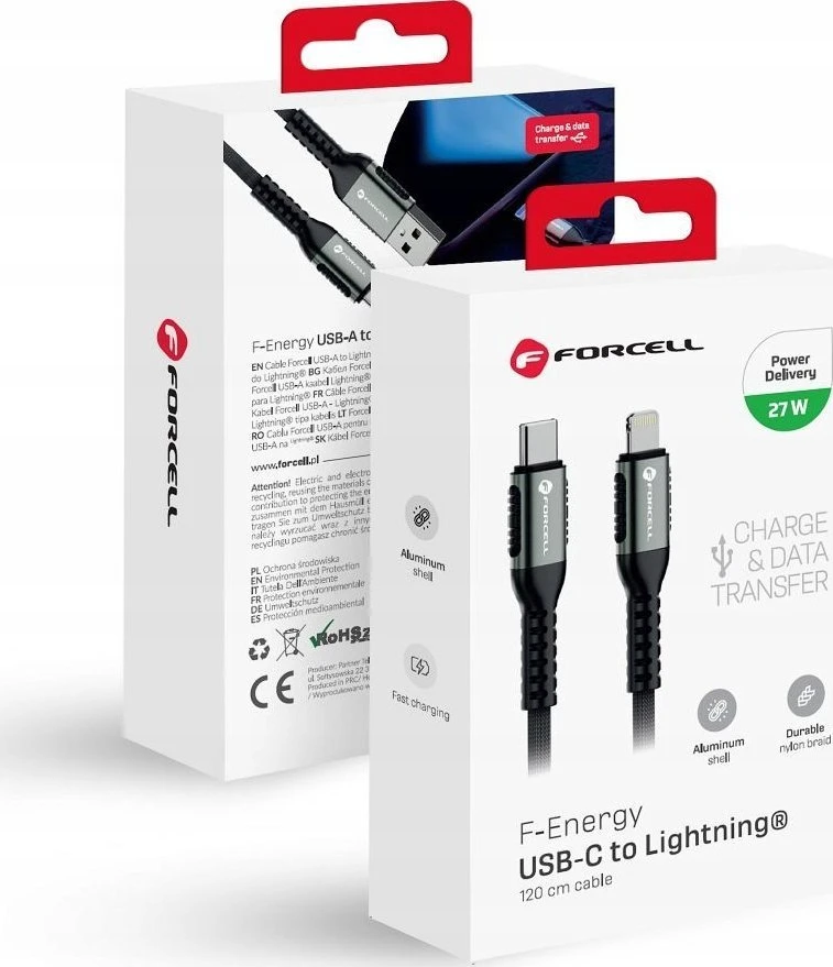 USB C - Lightning laidas Forcell F-Energy PD 3A 27W Cafule 1,2 m C259 juodas